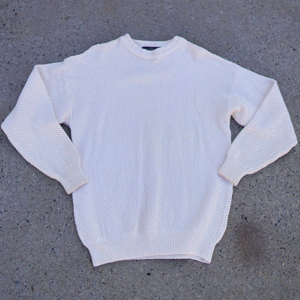 Cape Isle Knitters Ivory Cotton Sweater L Oversized Cozy Knit Winter White USA